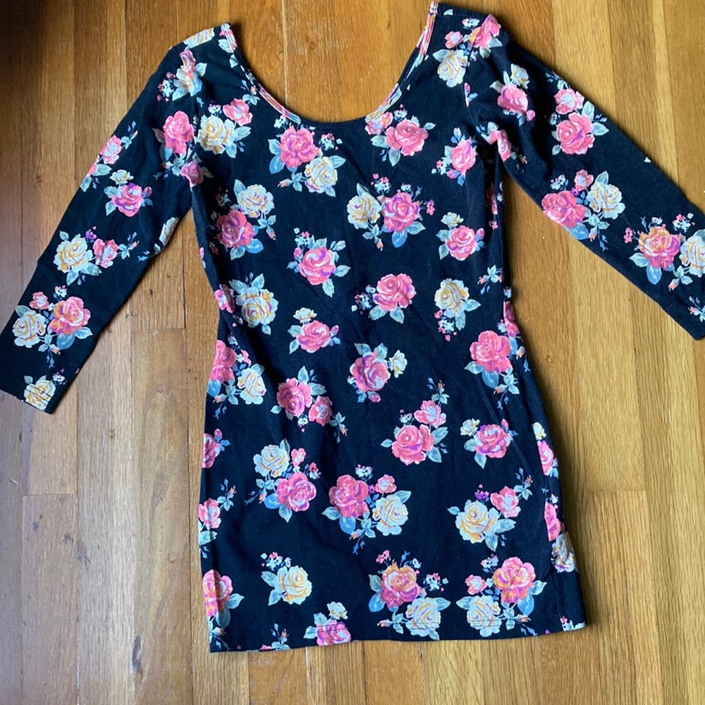 Junior Bodycon Mini Dress by DECREE Size S Black Background with Floral Design